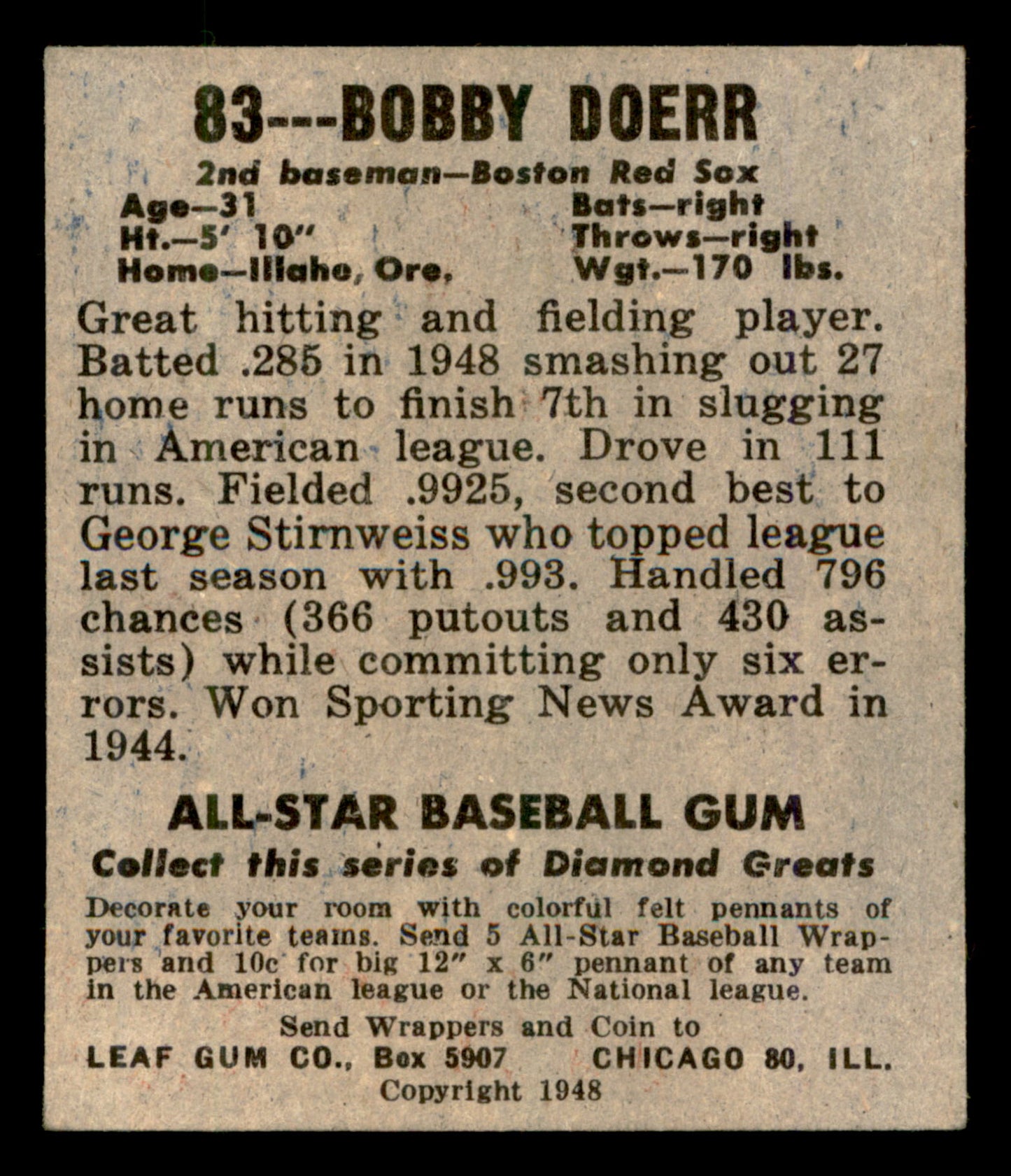 1948 Leaf #83 Bobby Doerr CREASE FREE Nice Color